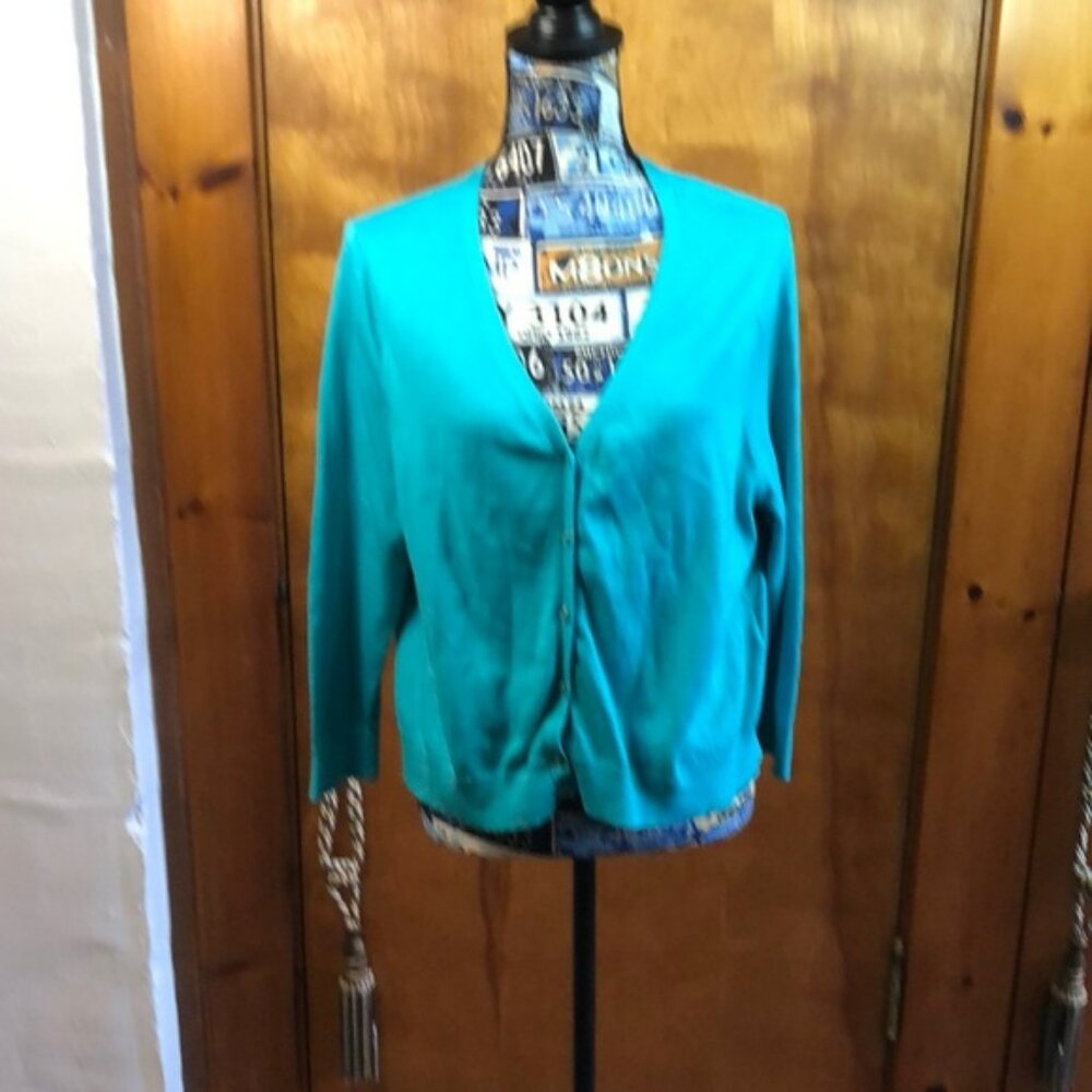 Lands’ End. Teal Cotton Cardigan. Great Condition.  Large.